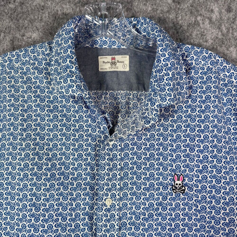 Psycho Bunny Shirt Mens Large Blue Floral Button Down Pima Cotton Short Sleeve